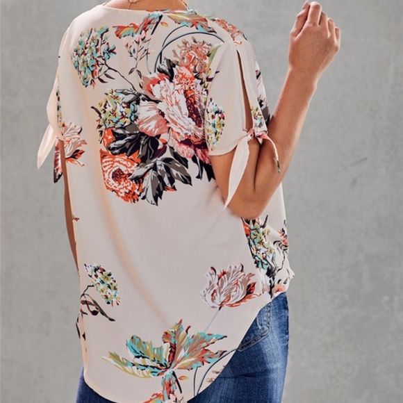 #24 Boho Floral Tropical Print Surplice Tie Sleeve Blouse - Picture 4 of 4